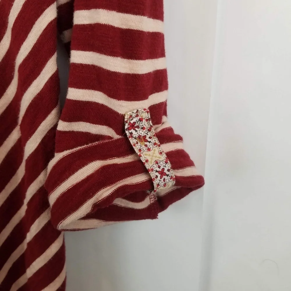 Postmark Anthropologie Fairley Tunic Red Striped Floral Hem Roll Tab Sleeve Top